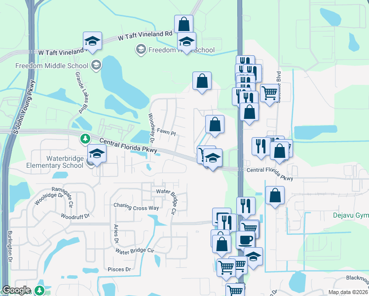 map of restaurants, bars, coffee shops, grocery stores, and more near 2401 Central Florida Parkway in Orlando