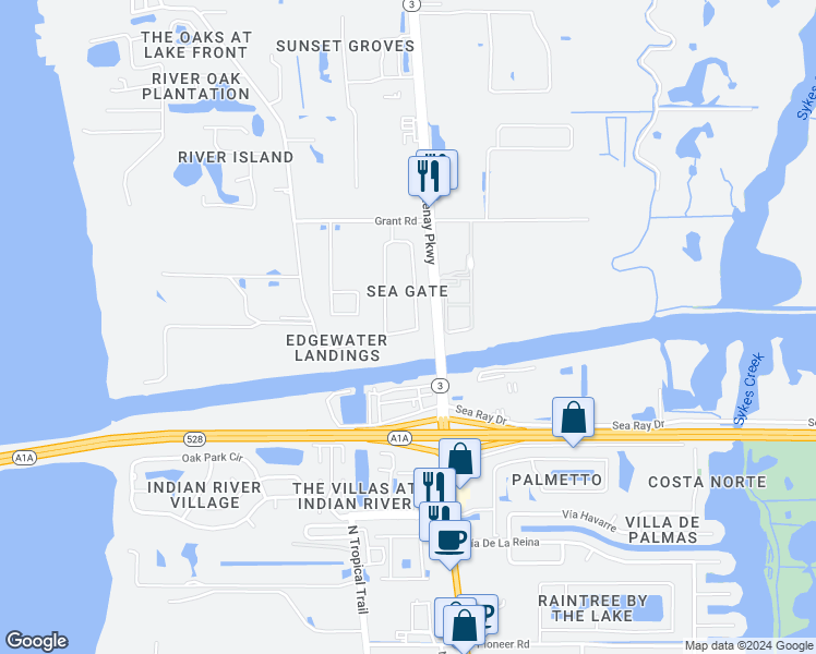 map of restaurants, bars, coffee shops, grocery stores, and more near 3030 Sea Gate Circle in Merritt Island