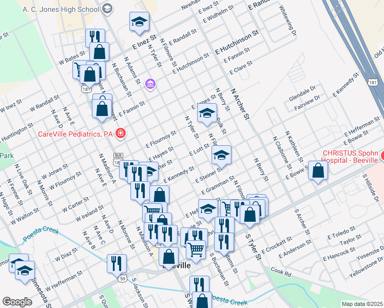 map of restaurants, bars, coffee shops, grocery stores, and more near 510 East Lott Street in Beeville