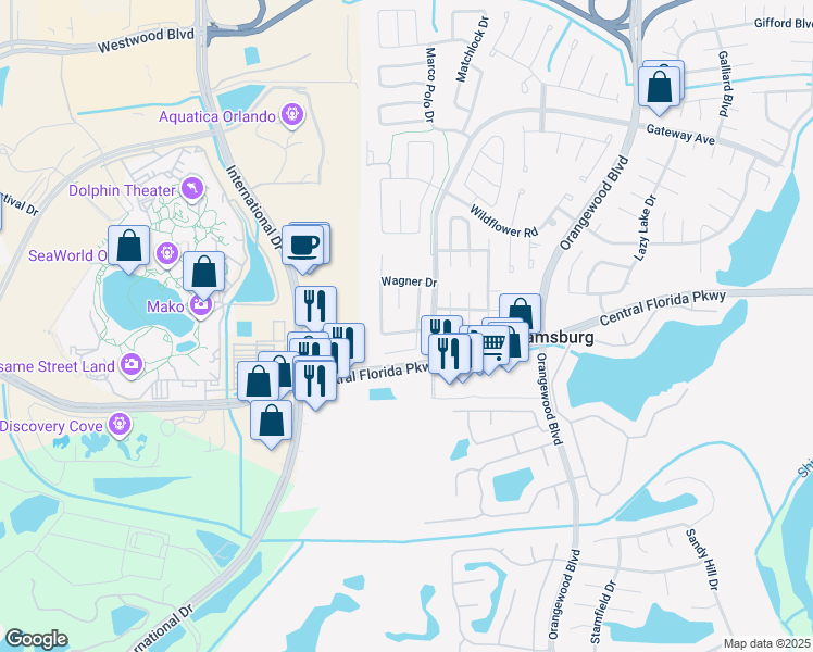 map of restaurants, bars, coffee shops, grocery stores, and more near 10809 Wilderness Court in Orlando
