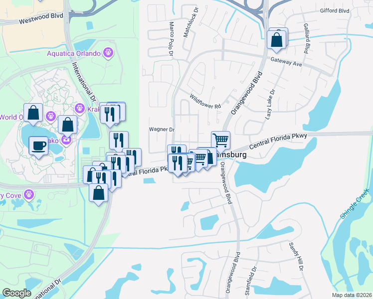 map of restaurants, bars, coffee shops, grocery stores, and more near 10876 Waterford Court in Orlando