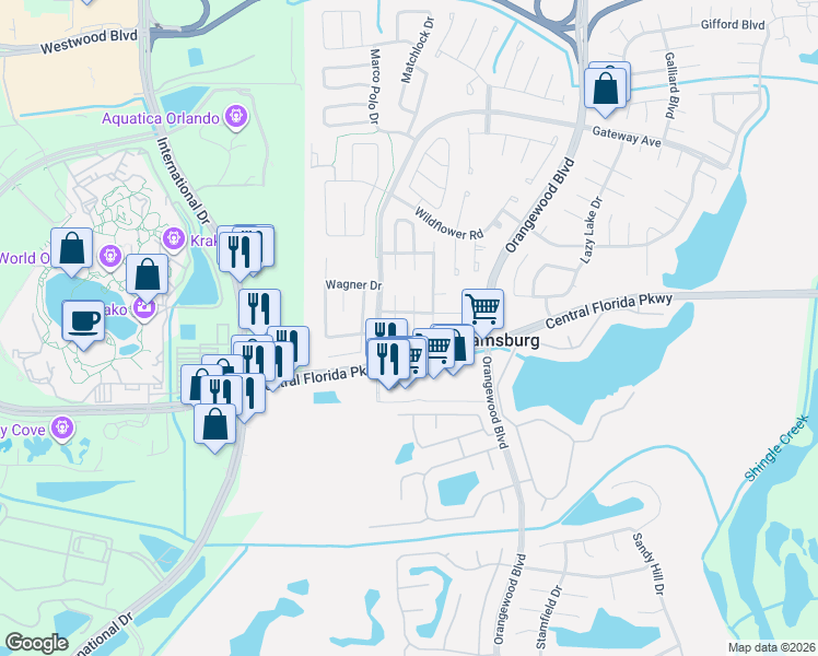 map of restaurants, bars, coffee shops, grocery stores, and more near 10876 Waterford Court in Orlando