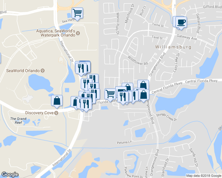 map of restaurants, bars, coffee shops, grocery stores, and more near 10809 Wilderness Court in Orlando