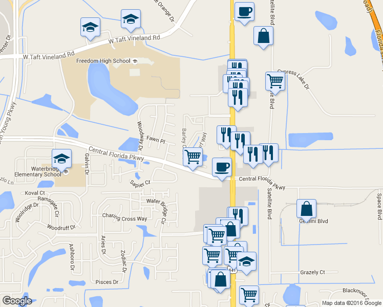map of restaurants, bars, coffee shops, grocery stores, and more near 2424 Barley Club Court in Orlando