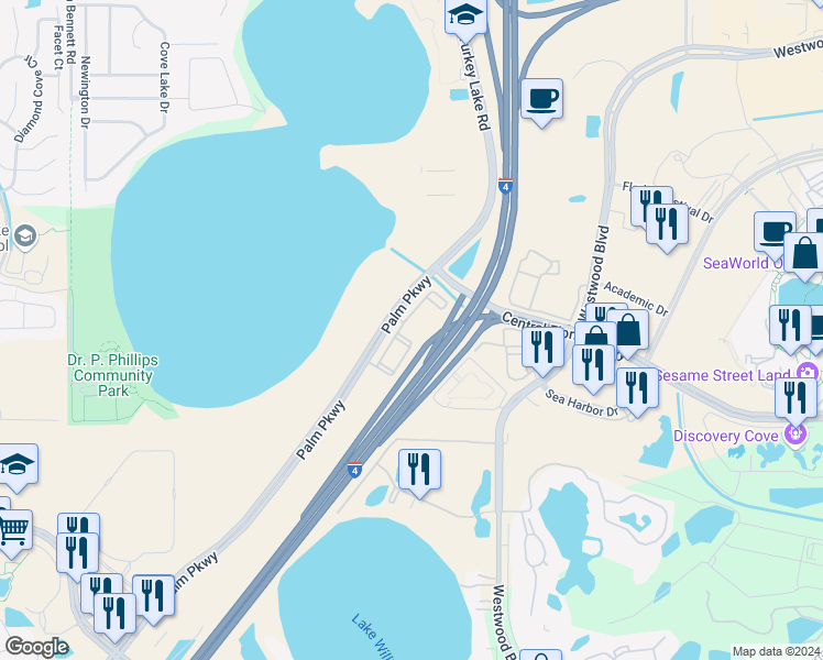map of restaurants, bars, coffee shops, grocery stores, and more near 7142 Altis Way in Orlando