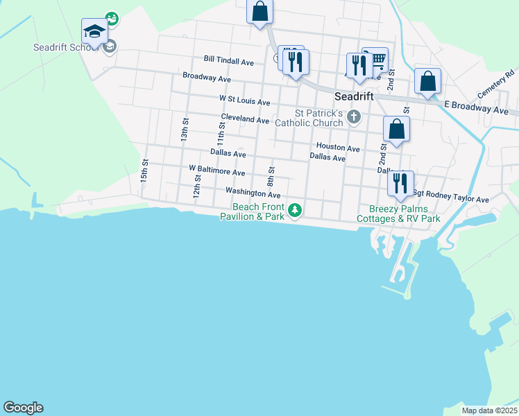 map of restaurants, bars, coffee shops, grocery stores, and more near 804 Bay Avenue in Seadrift