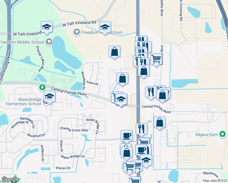 map of restaurants, bars, coffee shops, grocery stores, and more near 9934 Turf Way in Orlando
