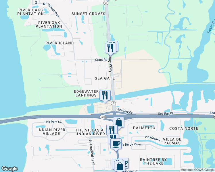 map of restaurants, bars, coffee shops, grocery stores, and more near 3068 Sea Gate Circle in Merritt Island