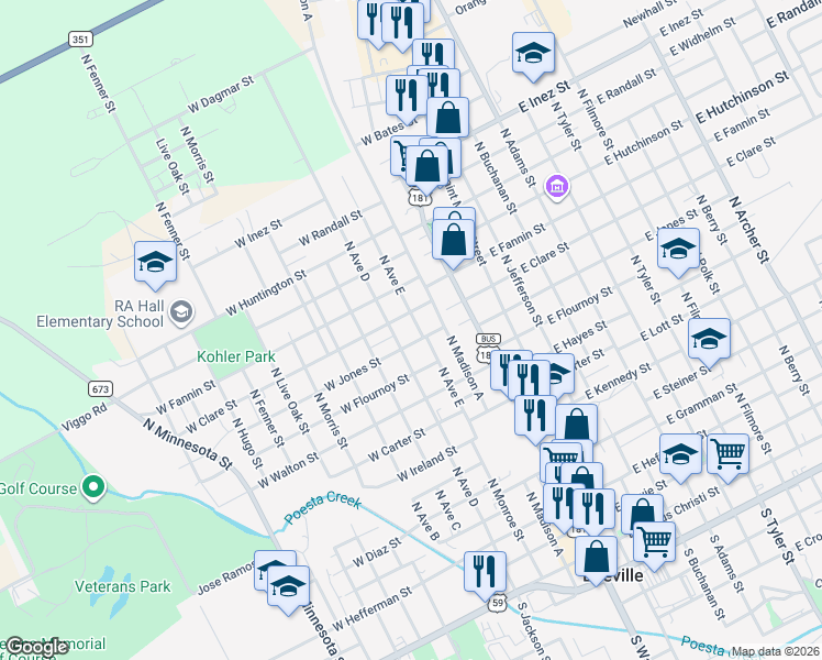 map of restaurants, bars, coffee shops, grocery stores, and more near 1201-1299 N Ave East in Beeville