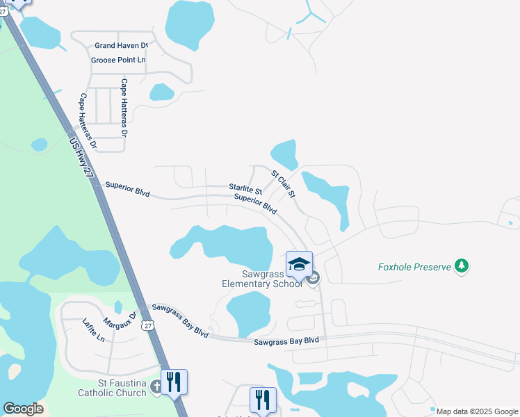 map of restaurants, bars, coffee shops, grocery stores, and more near 15824 Starlite Street in Clermont