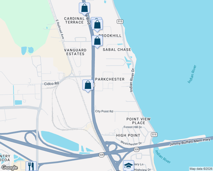 map of restaurants, bars, coffee shops, grocery stores, and more near 301 Glen Ridge Road in Cocoa