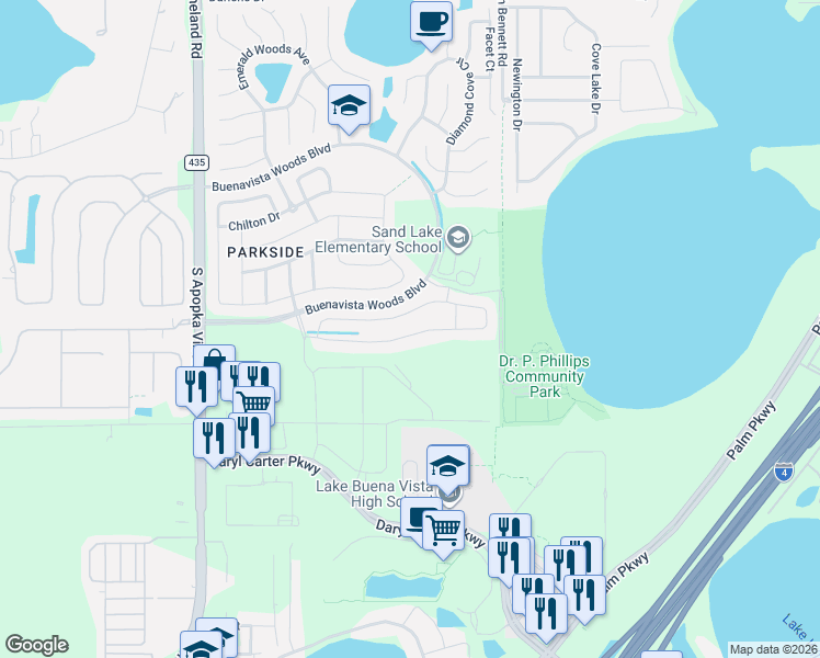 map of restaurants, bars, coffee shops, grocery stores, and more near 8306 Ludington Circle in Orlando