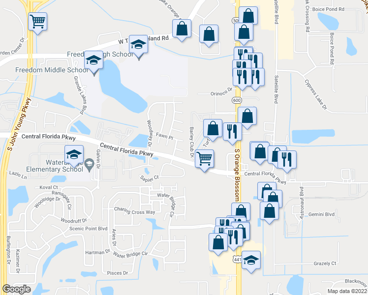 map of restaurants, bars, coffee shops, grocery stores, and more near 2313 Fawn Place in Orlando