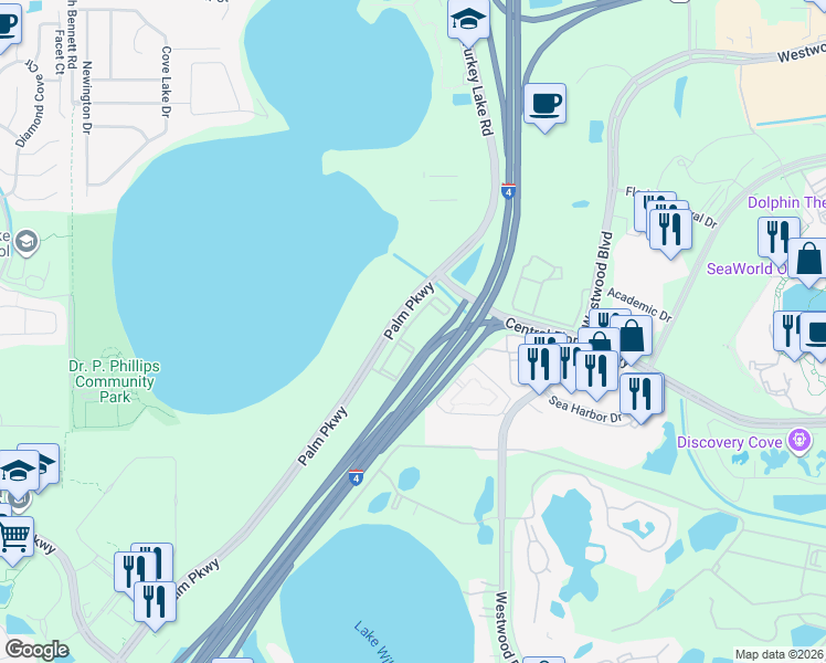 map of restaurants, bars, coffee shops, grocery stores, and more near 7118 Altis Way in Orlando