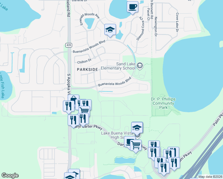 map of restaurants, bars, coffee shops, grocery stores, and more near 8348 Ludington Circle in Orlando