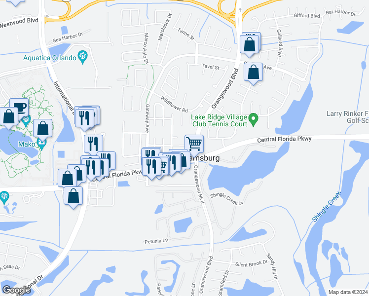 map of restaurants, bars, coffee shops, grocery stores, and more near 5302 Williamsport Drive in Orlando