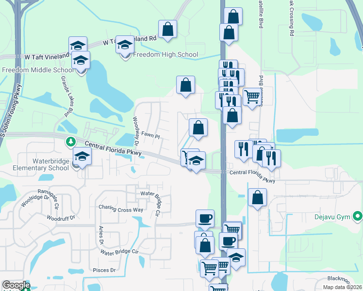 map of restaurants, bars, coffee shops, grocery stores, and more near 9916 Sweepstakes Lane in Orlando
