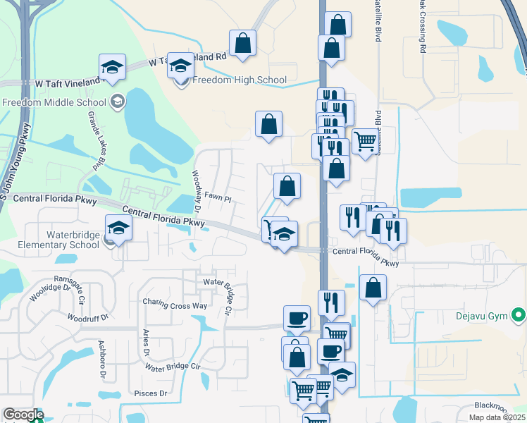 map of restaurants, bars, coffee shops, grocery stores, and more near 9933 Sweepstakes Lane in Orlando