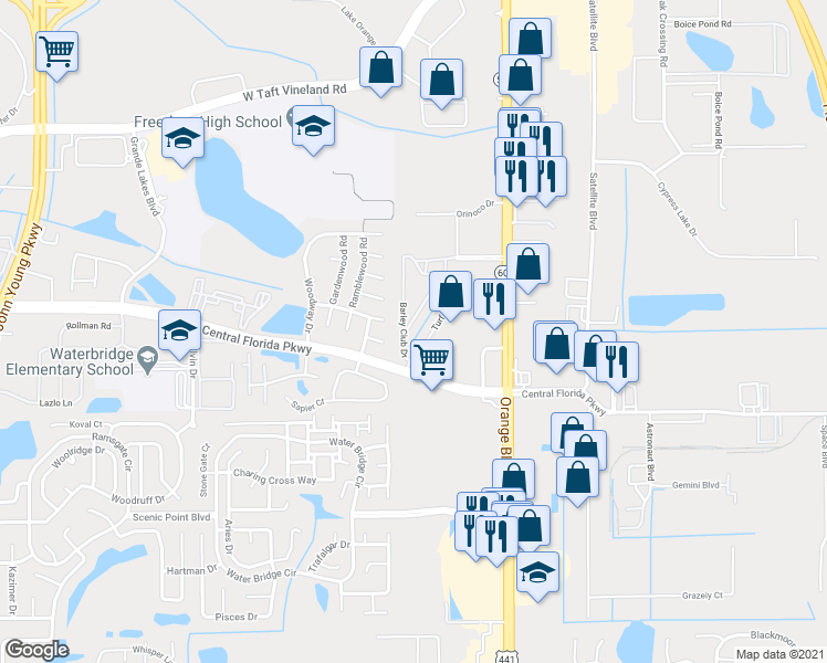 map of restaurants, bars, coffee shops, grocery stores, and more near 9916 Sweepstakes Lane in Orlando