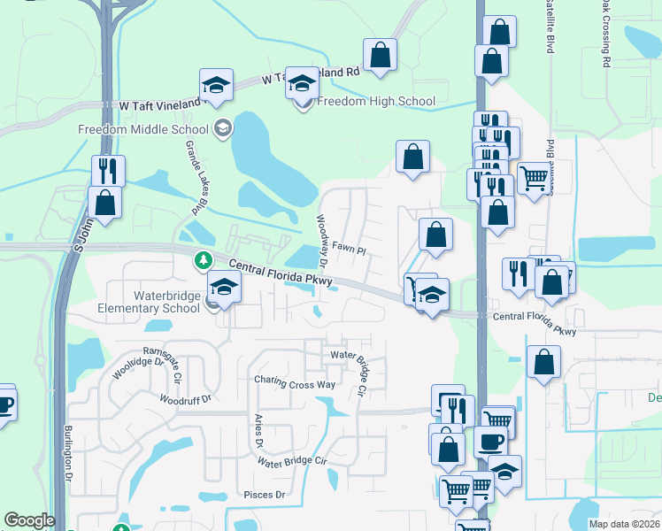 map of restaurants, bars, coffee shops, grocery stores, and more near 10718 Gardenwood Road in Orlando