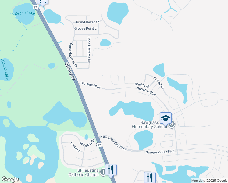 map of restaurants, bars, coffee shops, grocery stores, and more near 15624 Starlite Street in Clermont