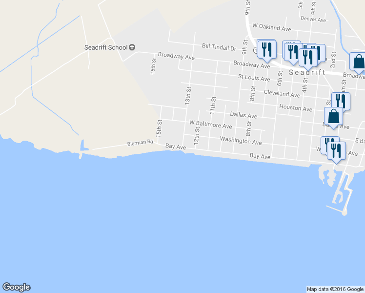 map of restaurants, bars, coffee shops, grocery stores, and more near 408 13th Street in Seadrift