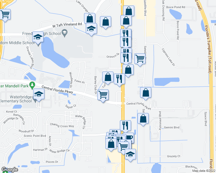 map of restaurants, bars, coffee shops, grocery stores, and more near 9911 Turf Court in Orlando