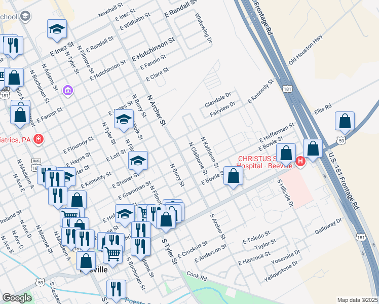 map of restaurants, bars, coffee shops, grocery stores, and more near 1011 East Steiner Street in Beeville