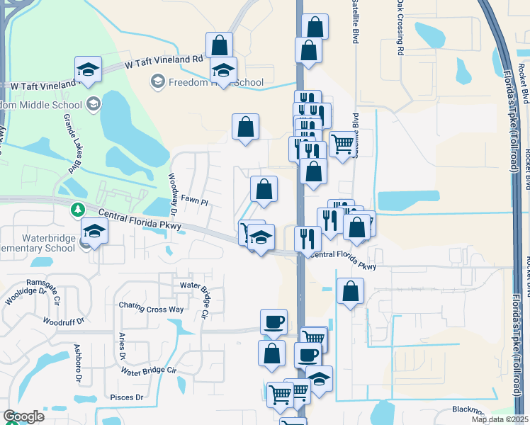 map of restaurants, bars, coffee shops, grocery stores, and more near 9911 Turf Court in Orlando