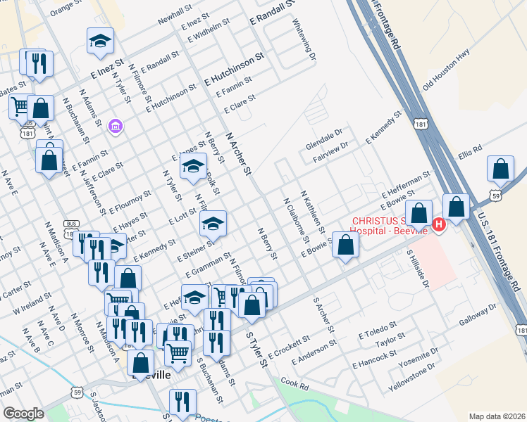 map of restaurants, bars, coffee shops, grocery stores, and more near 907 East Steiner Street in Beeville