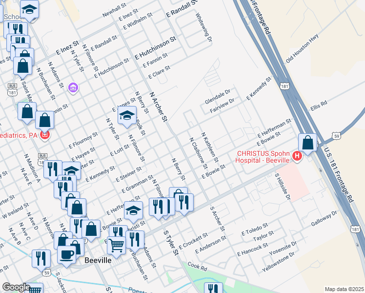 map of restaurants, bars, coffee shops, grocery stores, and more near 1011 East Steiner Street in Beeville