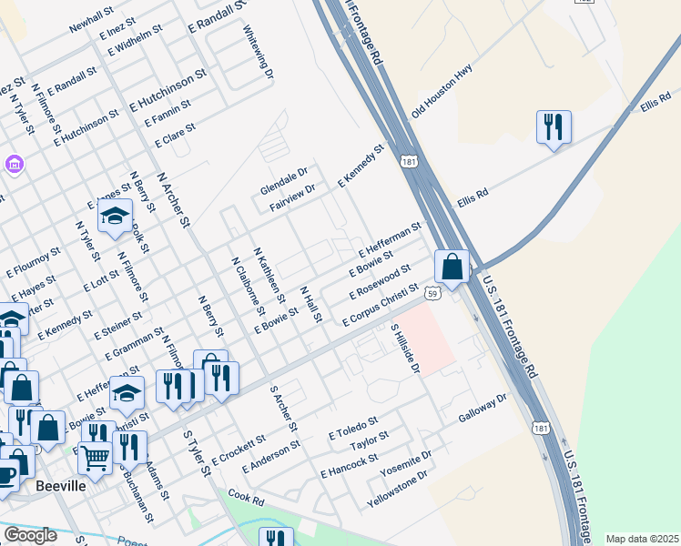 map of restaurants, bars, coffee shops, grocery stores, and more near 1411 East Bowie Street in Beeville