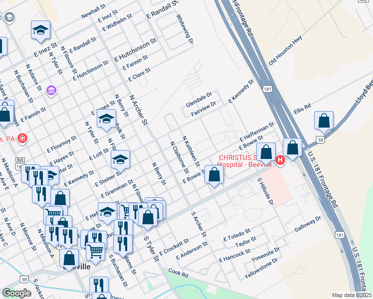 map of restaurants, bars, coffee shops, grocery stores, and more near 1109 East Gramman Street in Beeville