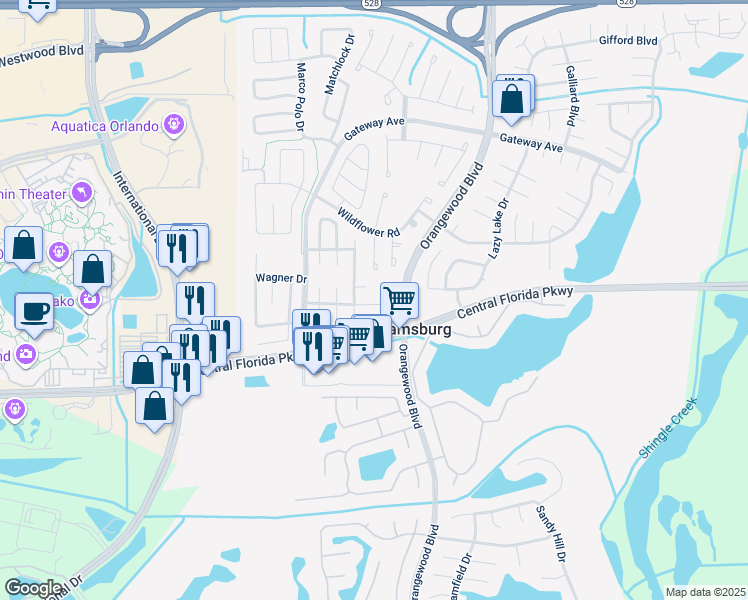 map of restaurants, bars, coffee shops, grocery stores, and more near 10826 Wheaton Court in Orlando