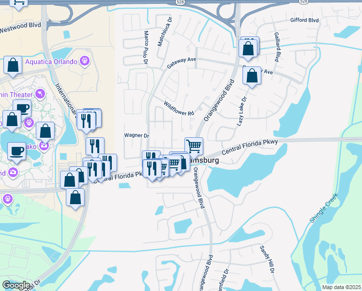 map of restaurants, bars, coffee shops, grocery stores, and more near 10826 Wheaton Court in Orlando