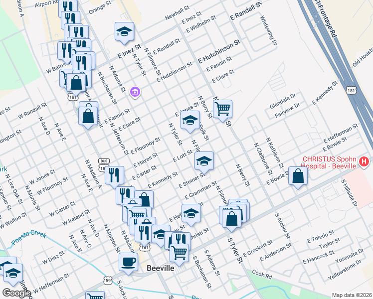 map of restaurants, bars, coffee shops, grocery stores, and more near 704 North Tyler Street in Beeville