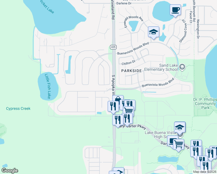 map of restaurants, bars, coffee shops, grocery stores, and more near 10740 Woodchase Circle in Orlando