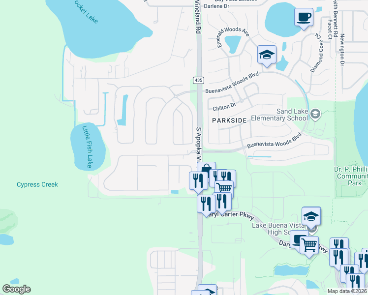 map of restaurants, bars, coffee shops, grocery stores, and more near 10740 Woodchase Circle in Orlando