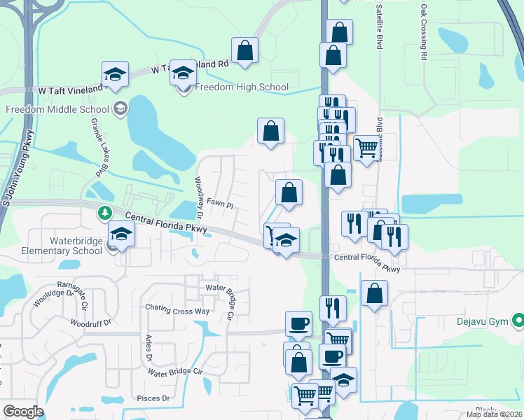 map of restaurants, bars, coffee shops, grocery stores, and more near 9932 Sweepstakes Lane in Orlando