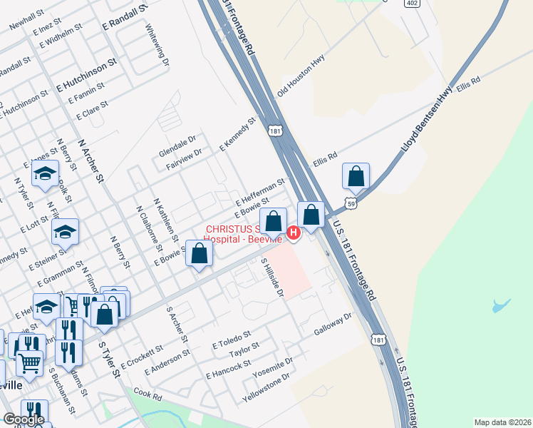 map of restaurants, bars, coffee shops, grocery stores, and more near 1511 East Rosewood Street in Beeville