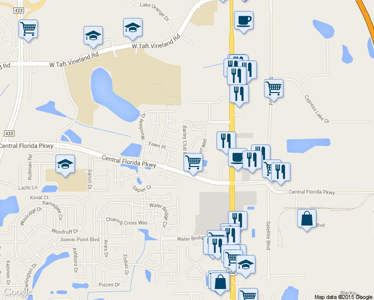 map of restaurants, bars, coffee shops, grocery stores, and more near 9916 Sweepstakes Lane in Orlando