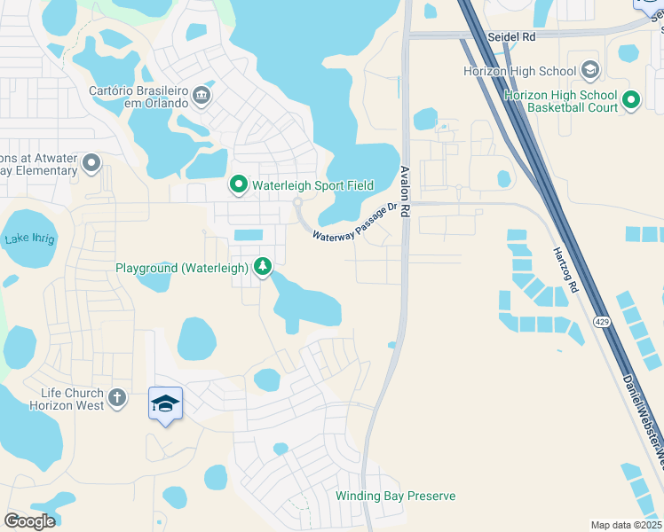 map of restaurants, bars, coffee shops, grocery stores, and more near Golden Lagoon Alley in Winter Garden