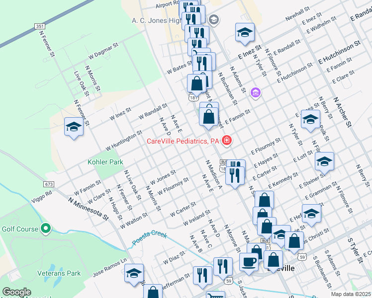 map of restaurants, bars, coffee shops, grocery stores, and more near 1201 North Avenue East in Beeville