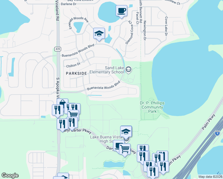 map of restaurants, bars, coffee shops, grocery stores, and more near 8306 Ludington Circle in Orlando