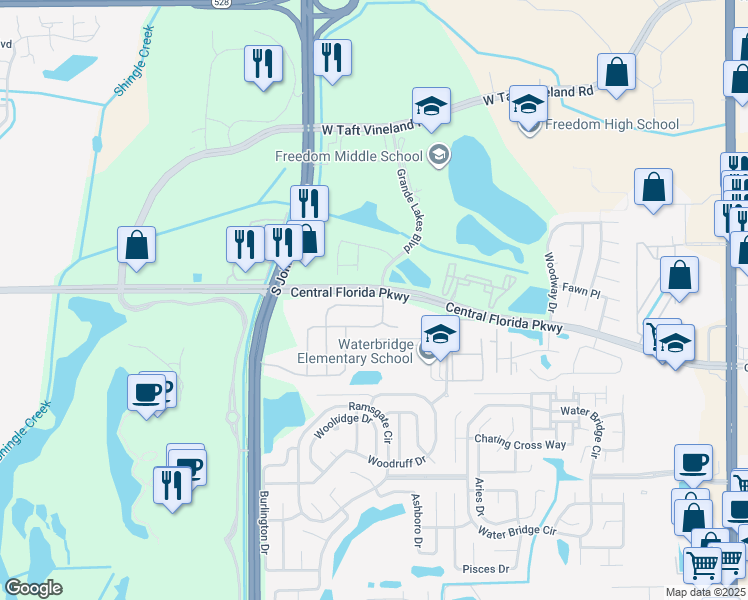 map of restaurants, bars, coffee shops, grocery stores, and more near 2805 Rollman Road in Orlando