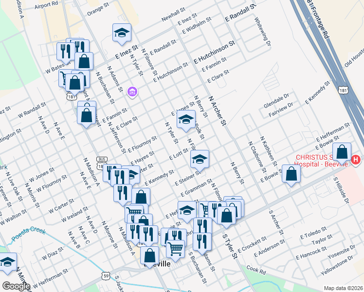map of restaurants, bars, coffee shops, grocery stores, and more near 704 North Tyler Street in Beeville