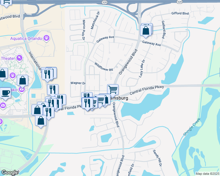 map of restaurants, bars, coffee shops, grocery stores, and more near 10826 Wheaton Court in Orlando