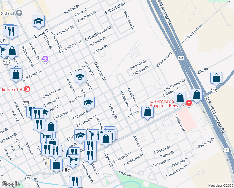 map of restaurants, bars, coffee shops, grocery stores, and more near 1011 East Steiner Street in Beeville