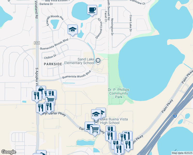 map of restaurants, bars, coffee shops, grocery stores, and more near 8259 Ludington Circle in Orlando