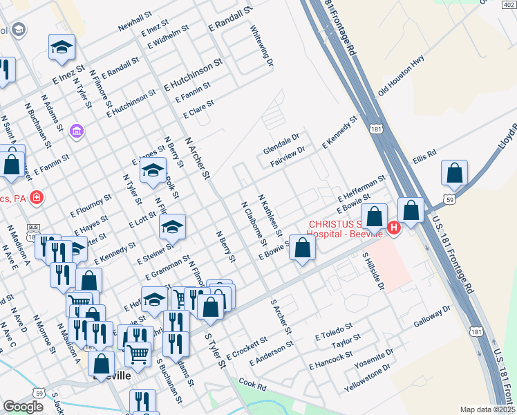 map of restaurants, bars, coffee shops, grocery stores, and more near 1109 East Gramman Street in Beeville